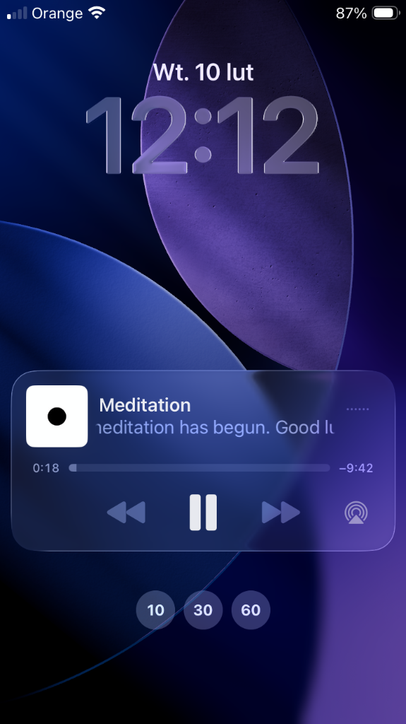 jufo lock screen meditation notification with iOS media controls and timer shortcuts