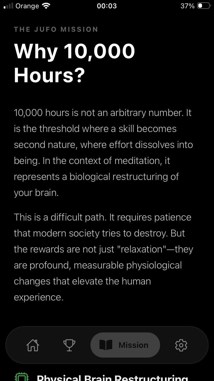 jufo mission screen explaining the science of meditation